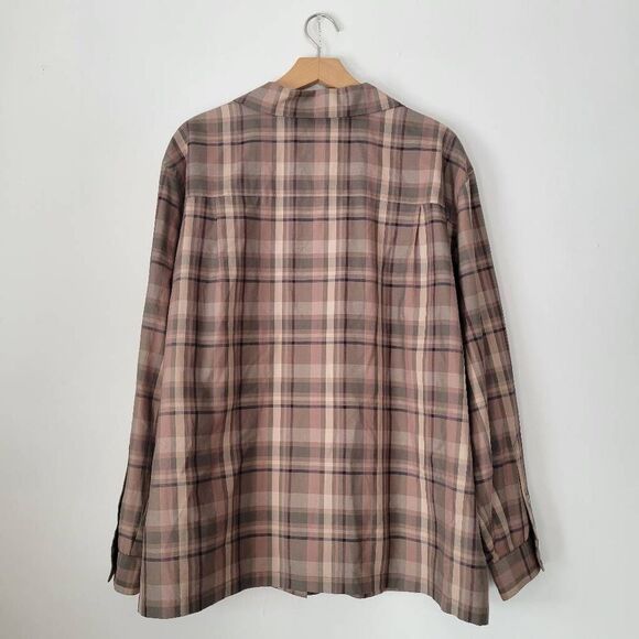 Evan Picone 100% Silk Button Front Plaid Shirt Top 16W Green Pink Long Sleeve Po - Picture 2 of 5